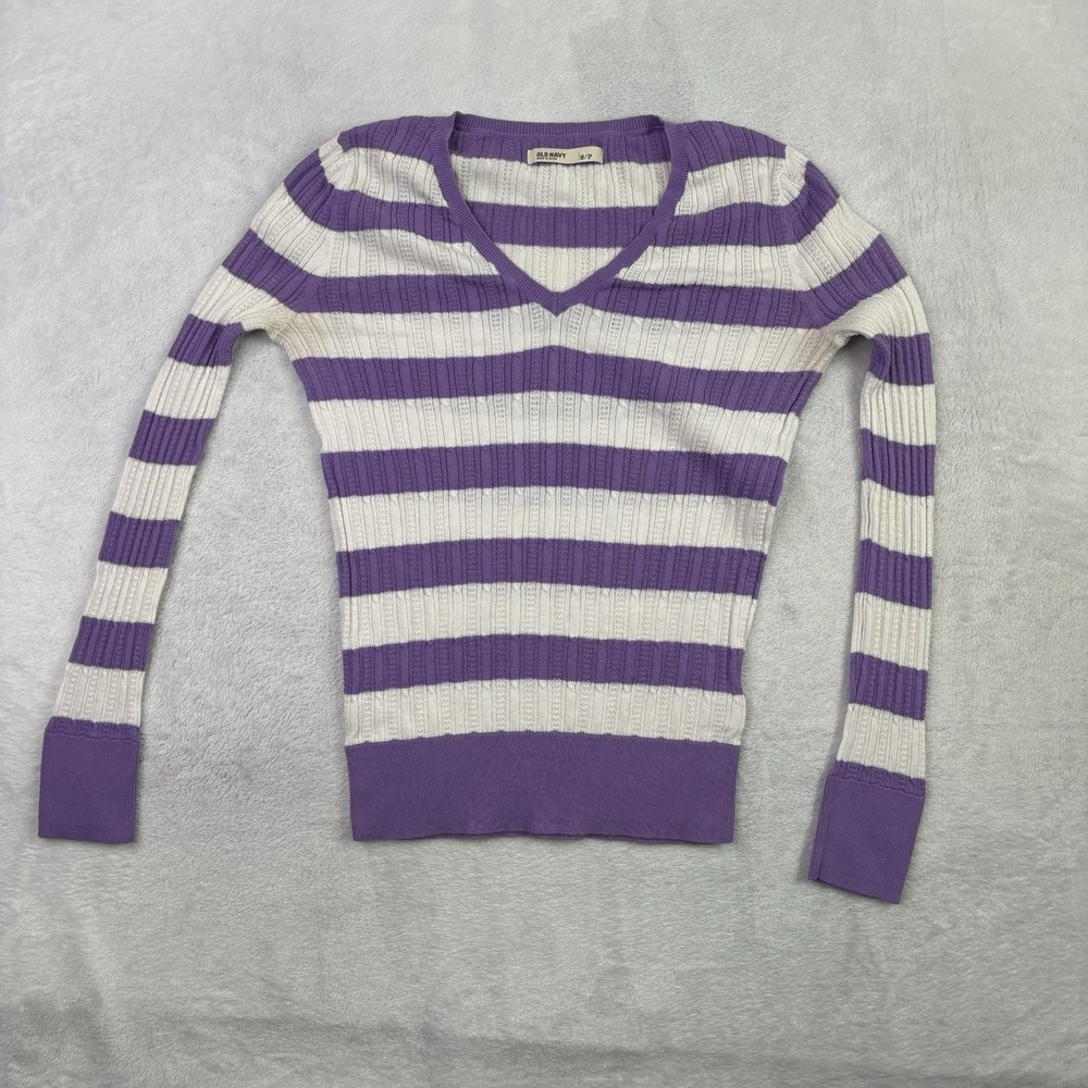 Y2K Old Navy Purple White Long Sleeve Knit V-Neck Sweater Top Striped Women's S